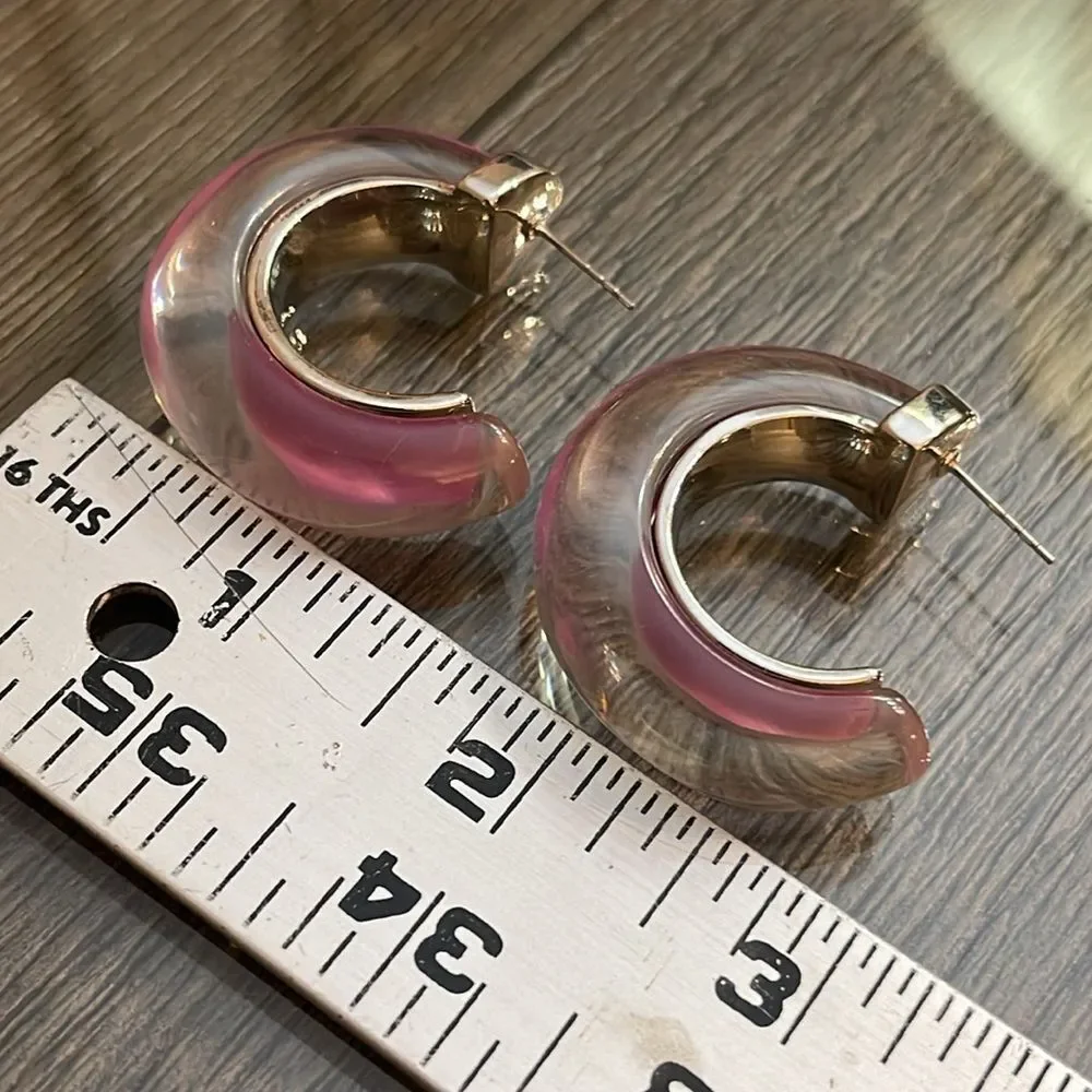 Anthropologie Chunky Resin Hoop Earrings Chic Silver-tone & Purple Lucite Hoop